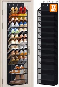 MISSLO 12 Tier Over the Door Shoe Organizer Hanging Shoe Rack for Closet Storage Sneaker Holder for Door Fit 24 Pairs Sandals, Heels, Boots (Black)