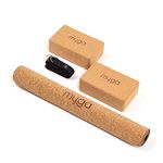 Myga Cork Yoga Starter Set - Cork Yoga Mat, 2 Cork Yoga Blocks and Yoga Strap - Starter Kit with Mat, 2 Bricks & Metal D Ring Belt for Hot Yoga, Pilates & Fitness - Home Studio Gift - Black