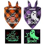 Halloween Dog Bandanas, LMSHOWOWO 2 Pack Cotton Reversible Luminous Pumpkin Bat Print Halloween Pet Bandana, Triangle Plaid Halloween Dog Scarf Bibs Holiday Bandana for Small Medium Large Dogs Pets