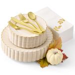 By Madee HEAVYWEIGHT 175 PcThanksgiving Plates and Napkins Sets | Ivory Scalloped Plates with Gold Trim | Fall Plastic Plates, Cutlery, Gold Leaf Napkins | High End Disposable Plates (25 Guests)