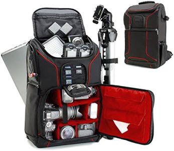 USA GEAR DSLR Camera Backpack Case - 15.6 inch Laptop Compartment, Padded Custom Dividers, Tripod Holder, Rain Cover, Long-Lasting Durability and Storage Pockets - Compatible with Many DSLRs (Red)