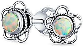 Bali Indonesian Tiny Open Genuine Gemstone Flower Opal Stud Earrings For Women Teens Oxidized .925 Sterling Silver October Birthstone