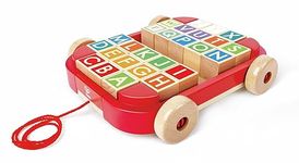 Hape Letter building blocks in a pull-up trolley, pull up toys and building blocks