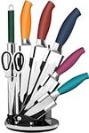 Kitchen Knife Set with Block - 8pcs Colourful Knife Block Set - Stainless Steel Knives - Spinning Block with Sharp Cooking Knives - by Nuovva