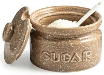Gomakren Sugar Bowl with Lid and Spoon, Sugar Container Sugar Dish 10oz, Ceramic Sugar Jar for Coffee Bar, Kitchen, Countertop - Modern Farmhouse Kitchen Christmas Decor, Brown