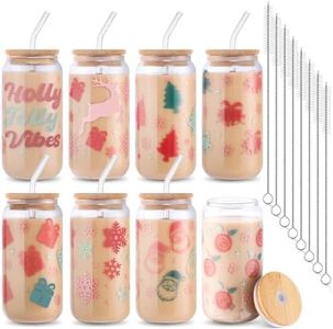 8 Pcs Christmas Glasses Cups, 16 oz Christmas Cups with Lids Brush and Straws Santa Claus Snowflakes Elk Iced Coffee Cups, Stocking Stuffers for Adults Glasses Drinking for Women Men Kids Gift