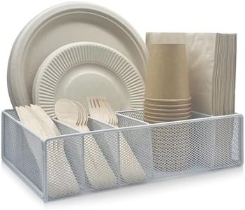 DysanVica Metal Paper Plate Dispenser - Utensil Holder for Kitchen Counter Cabinet Silverware Caddy Cutlery Flatware Organizer Storage Box for Plastic Spoon Fork Plates Napkins Cup Party Camping White