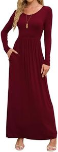 DEARCASE Women Dress Burgundy Large Crewneck Long Sleeves Maxi Wedding Guest A-line Plain Casual Empire Waist Flowy Party Vintage Spring Fall Winter Floor Dresses with Pocket