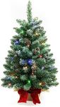 2 ft Mini Christmas Trees with Red Bow Base, 25 F5 LED Lights, 24" Decorated Burlap Artificial Tabletop Christmas Trees with Flocked Pine Cones