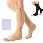 360 RELIEF Zipper Open Toe Medical Compression Socks Support | Edema, Pregnancy, Swollen Legs, Travel, Flight, Work, Nurse, Varicose Veins | S/M, Beige with Mesh Laundry Bag |