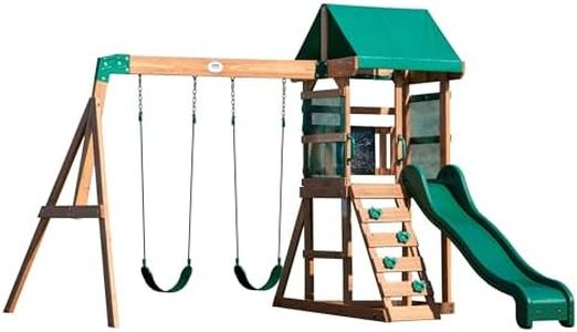 Backyard Discovery Buckley Hill, Wooden Swing Set, All-Natural Wood, 3 – 6 Year Old’s, UV Protection, 2 Belt Swings, Rope Chain, Rockwall Ladder Combo, Speedy Slide