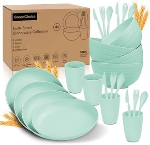 24pc Wheat Straw Dinnerware Sets for 4 Lightweight & Unbreakable Dishes Microwave & Dishwasher Safe Perfect for Camping Picnic RV Dorm Plates Cups Bowls (Green)