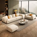 Artistic Wood Modern Sofa Chesterfield Design with Stylish Wooden Legs Bouncy Teddy Fabric Off-White Finish Sofa for Living Room, Bedroom, Hallways (3+1+Ottoman, Off-White)