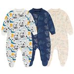 MAMIMAKA Newborn Baby Boys Footed one-Piece Sleepsuit 3 Pack 2-way Zip Pajamas for Play and Sleep,0-3 Months