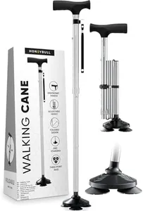 HONEYBULL Walking Cane for Men & Women - Foldable, Adjustable, Collapsible, Free Standing Cane, Pivot Tip, Heavy Duty | Walking Sticks, Folding Canes for Seniors & Adults [Silver]