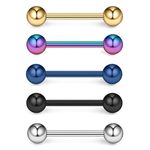 ROSTIVO Tongue Rings for Women Stainless Steel Stud Barbell Tongue Ring for Men 14 Gauge Mix-color Piercing Jewelry 5 PCS, Medium, Stainless Steel, no gemstone