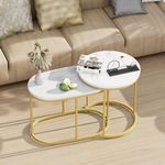 FEFE - Modern Nesting Coffee Table Set Of 2, Accent Marble Look Coffee Table & End Table Sets Steel Frame Stacking Side Table For Small Space Living Room Bedroom (White/Gold)