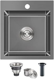 15 inch Bar Sink, ROVATE 15 x 17 inch Drop in Top Mount Bar Sink or Prep Kitchen Sink Black, Overmount Handmade Single Bowl T-304 Stainless Steel Sink with Basket Strainer