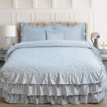 Home Soft Things 4 Piece Matte Satin Ruffle Quilted Bedspread Set 24" Drop Ruffled Style Bed Skirt Coverlets Lightweight Reversible Bedding Set Cover, Queen 60" x 80" + 24", Light Blue