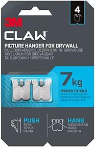 3M Claw Plasterboard Picture Hanging Wall Hooks for Hanging Home Décor, 4 Hangers, Holds up to 7 kg - Ideal for Heavyweight Items