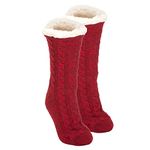 Burgundy Red Simple Knit Womens One Size Plush Lined Non Skid Indoor Slipper Socks