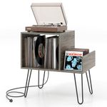 COSTWAY Record Player Stand with Charging Station, Turntable Stand End Side Table with Dividers and Shelf for 145 Albums, Metal Legs Vinyl Record Storage Cabinet Holder for Living Room (Grey Oak)