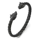 COOLSTEELANDBEYOND Mens Wolf Head Bracelet Steel Braided Cable Bangle Cuff Bracelet Black Polished, Adjustable(CA)