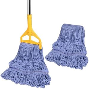 HiBaby Commercial Mop with Extra Head Replacement, 63Inch Handle Heavy Duty Industrial Mop Looped-End String Wet Mops for Floor Cleaning for Warehouse, Workshop, Garage, Office, Home (2 Mops Head)