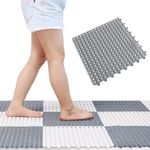 ARURA (LABEL) Soft PVC Bath Shower Floor Mat with Drainage Holes Interlocking Non Slip Drainage Floor Tiles for Bathroom, Kitchen, Pool, Wet Areas (White & Grey) (10 PCs)