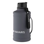 Navaris Half Gallon Water Bottle with Handle - Single-Walled 74 oz (2.2L) Stainless Steel Water Jug - Large Reusable Metal Drinking Bottle for Sports