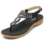 Littleplum Womens Sandals Shoes Comfort Walking Non Slip on Casual Summer Beach Shoes Dress Ankle Elastic Jeweled Bohemian Flats Black Size 8