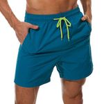 SILKWORLD Men's Swim Trunks Quick Dry Beach Shorts with Pockets, Peacock Blue/Green Drawstring, Medium