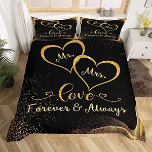 Juego de ropa de cama para parejas, con diseño de texto en inglés "Mr And Mrs", tamaño Super King, con lentejuelas doradas y purpurina, funda de edredón con estampado de corazones y lazos en las