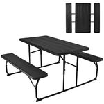 GYMAX Picnic Table, 550 LBS Folding Picnic Tables with Benches & Seats, Weather-Resistant Easy Setup Portable Picnic Table, Wood-Like Foldable Picnic Tables for Outdoors Patio Deck Party BBQ (Black)