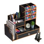 Yindella Wooden Pen Stand for Desk Organizer - Pencil and Book Holder Table Organizer for Study Table, Useful Stationery Organizer for Home and Office (Black)