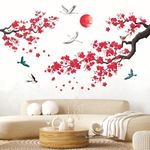 DECOWALL SG2-2406 Watercolor Flower Branch Wall Stickers Decals Peel and Stick Removable Nursery Bedroom Living Room Art Home Decor Decoration Floral Birds Girls Murals Colorful Red Oriental