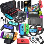 Deruitu Switch Accessories Bundle Compatible with Nintendo Switch, Kit with Carrying Case, Screen Protector, Compact Playstand, Game Case, Joystick Cap, Charging Dock,Steering Wheel (HW-2)