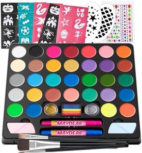 Maydear Face Painting Kit for Kids, 32 Colors Water Based Makeup Palette with Stencils, Glitters, Rainbow Split Cake, Hair Dye Clips, for Parties, Halloween, Safe Professional Face Body Paint Kit