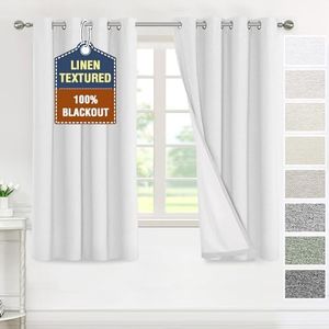 Smarcute 100% Blackout Curtains for Bedroom Luxurious Linen Textured - Block Out Light,Modern Eyelet Curtains for Privacy and Thermal Insulation 2 Panel Set,Each W132cm x D160cm,Heather White