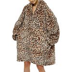 Adults Unisex Sherpa Fleece Lined Blanket Hoodie Comfy Oversized Hooded Top (Leopard)