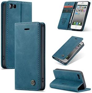 Cracedily for iPhone 5 / iPhone 5S / iPhone SE (2016) Case, Flip Wallet Leather Case with Card Holder Magnetic Closure Shockproof Kickstand Protective Phone Cases Cover for iPhone 5S,Blue-Green