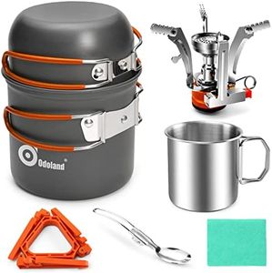 Odoland 8pcs Camping Cookware Mess Kit, Camping Pot and Pan Set with Mini Backpacking Stove, Stainless Steel Cup, Spork and Tank Bracket, Cooking Gear for Outdoor, Hiking, Picnic, Campfire, Red