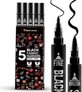 Zenacolor 5 Dual-Tip Black Fabric Markers Permanent for Clothes - Fabric Paint Pens for Personalizing Shirts Bags Hats Canvas and Textiles