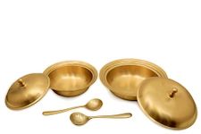 RAJ GHARANA METALS Pure Kansa Bowl Set with Lid - Bronze Serving Bowl Set with Serving Spoon | Kansa Tableware Donga | Kansa Casserole for Serving Food, Ideal Gift for All Occasion - Set of 2