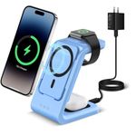 Smtcsl 3 in 1 Wireless Charging Station, Fast Charger Stand Compatible for iPhone/Apple Watch/Airpods, 5000mAh Mag-Safe Battery Pack USB C Power Bank for 15 14 13 12 Series, 20W PD Adapter (Blue)