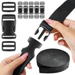 EASYVAVA Buckles Straps Set 1 Inch 6 PCS Quick Side Release Plastic Buckle Dual Adjustable, 12 PCS Tri Glide Slide Clip, 6 Yards Black Nylon Webbing Straps. Heavy Duty Dual Adjustable No Sewing