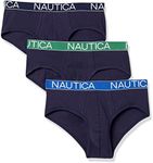 NAUTICA Men's 3 Pack Cotton Stretch Brief, Peacoat - Peacoat/Green/Cobalt Waistband, Large