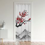 Erosebridal Japanese-Style Door Curtains for Doorways,Red Cherry Blossoms Printed Blackout Curtain,Mount Fuji Pattern Doorway Ink Painting Black White Stylish Room Divider Curtain 1 Panel,52''WX80''L