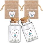 Newtay 2 Pcs Tooth Fairy Bag with 2 Small Glass Tooth Fairy Bottles Tooth Holders for Kids Keepsake for Lost Tooth Girl Boy Birthday Gift