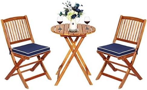 ORALNER 3-Piece Acacia Wood Folding Patio Bistro Set, Small Outdoor Balcony Furniture, Round Coffee Table and 2 Chairs with Soft Cushions, Teak Table Set for Porch, Backyard, Deck (Navy Blue)